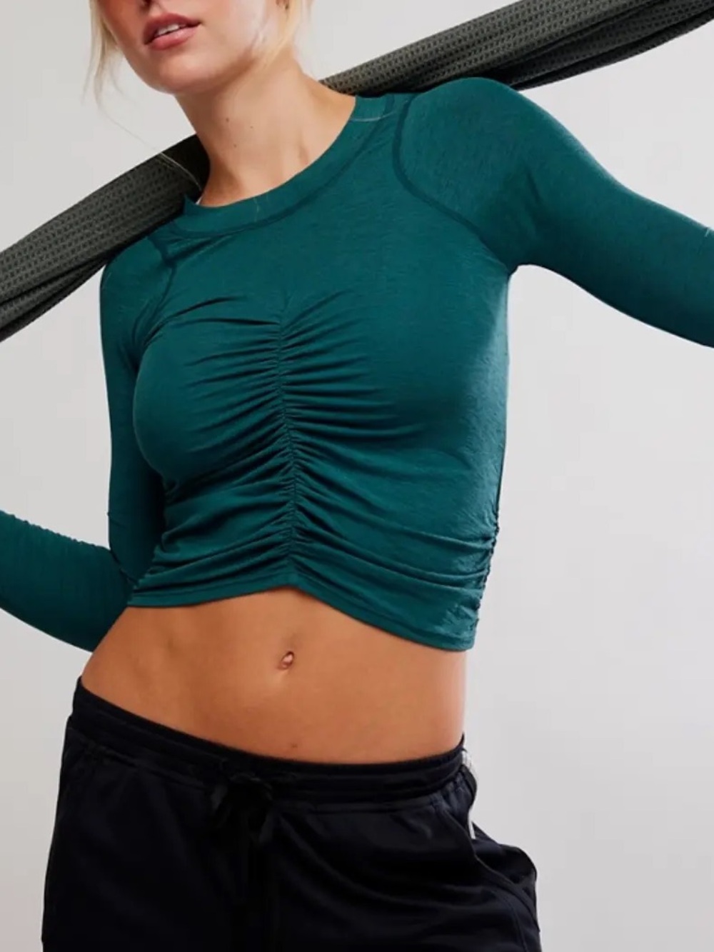 Free People Movement Tempo Ruched Long Sleeve Top - Evergreen NWT